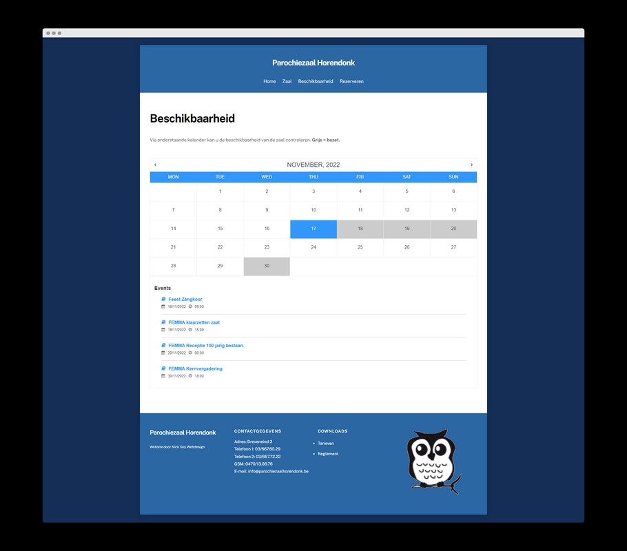Bezoek de kalender op de website van Parochiezaal Horendonk - Een realisatie van Nick Suy Webdesign